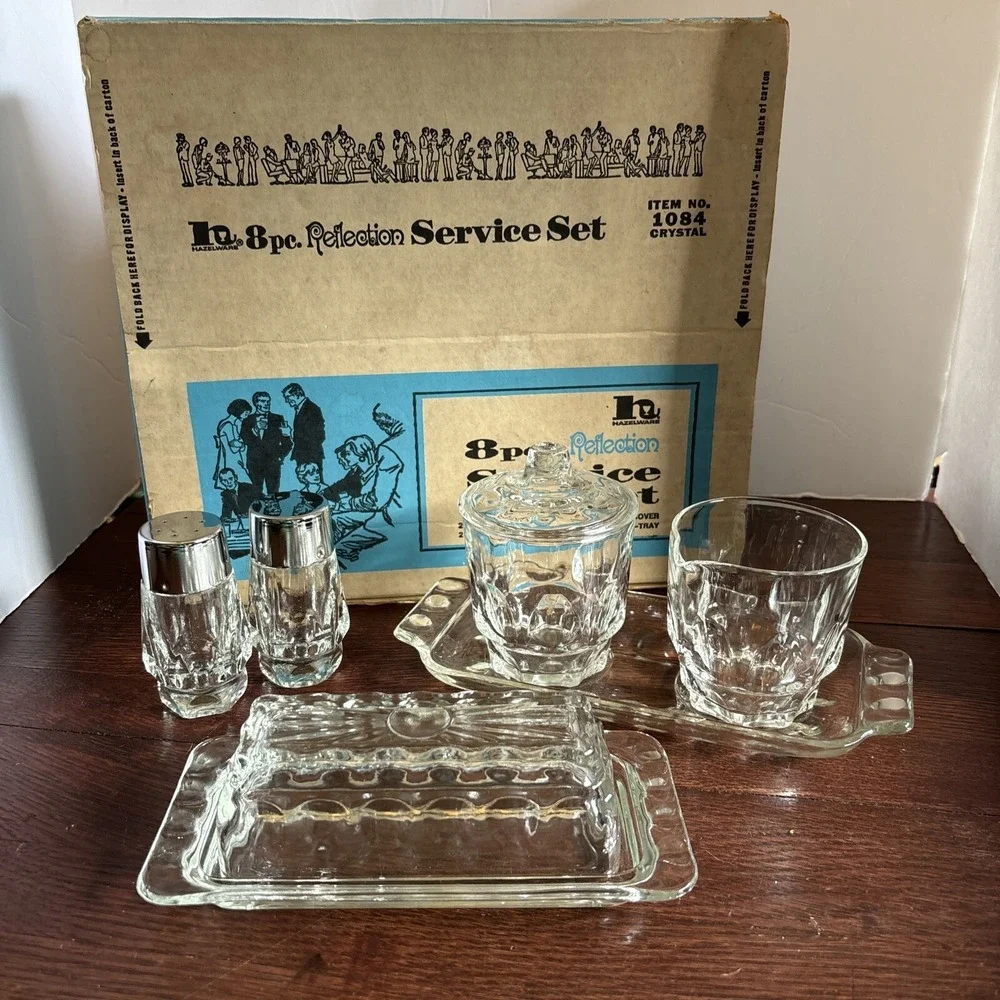Vintage Hazelware 8 pc. Crystal Table Set In Box S&P, Cream, Sugar, Butter, Tray